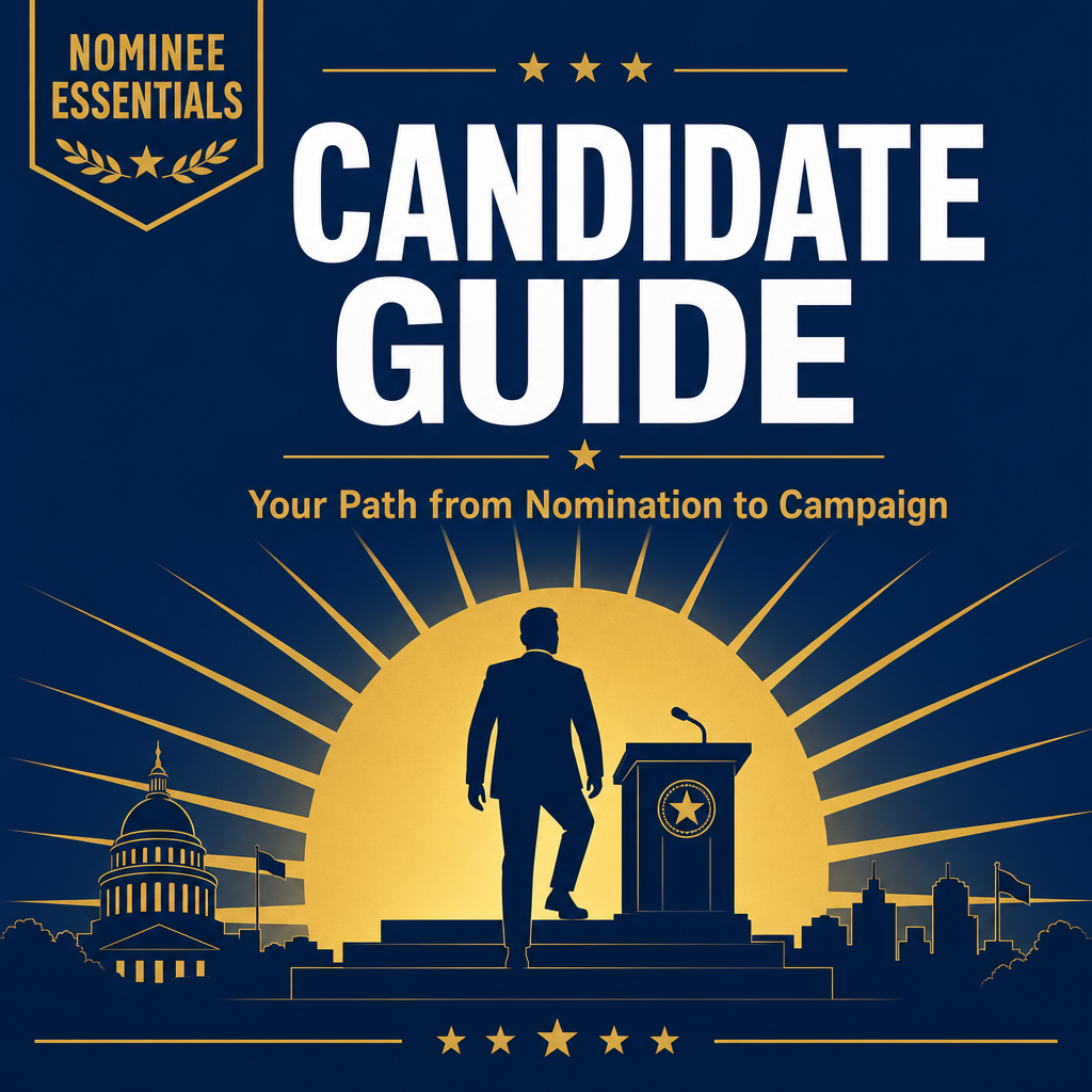 Promotional graphic for a candidate guide: silhouette of a person in a suit walking toward a podium with a golden sunburst behind and a Capitol skyline in the background.