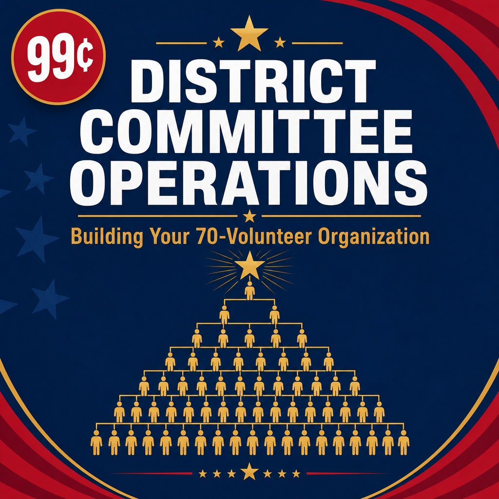 Poster announcing District Committee Operations with the subtitle 'Building Your 70-Volunteer Organization' and a gold pyramid made of 70 yellow figures on a blue background with red accents.