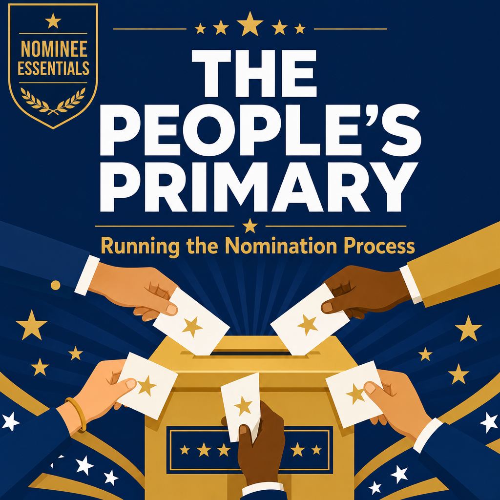 Diverse hands drop star-marked ballots into a gold ballot box beneath the headline 'The People's Primary' and 'Running the Nomination Process'.