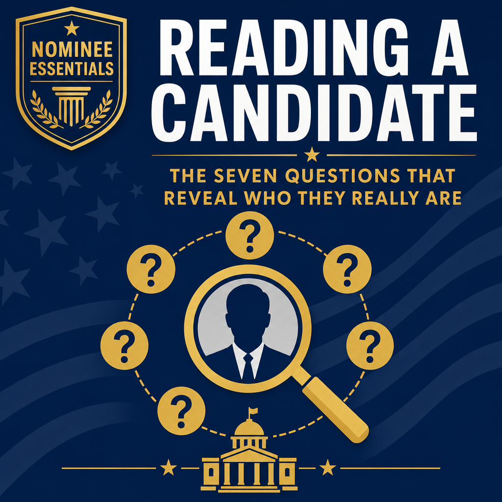 Promotional cover with a magnifying glass circling a candidate silhouette and seven gold question marks; title 'Reading a Candidate' with a Capitol building icon below.