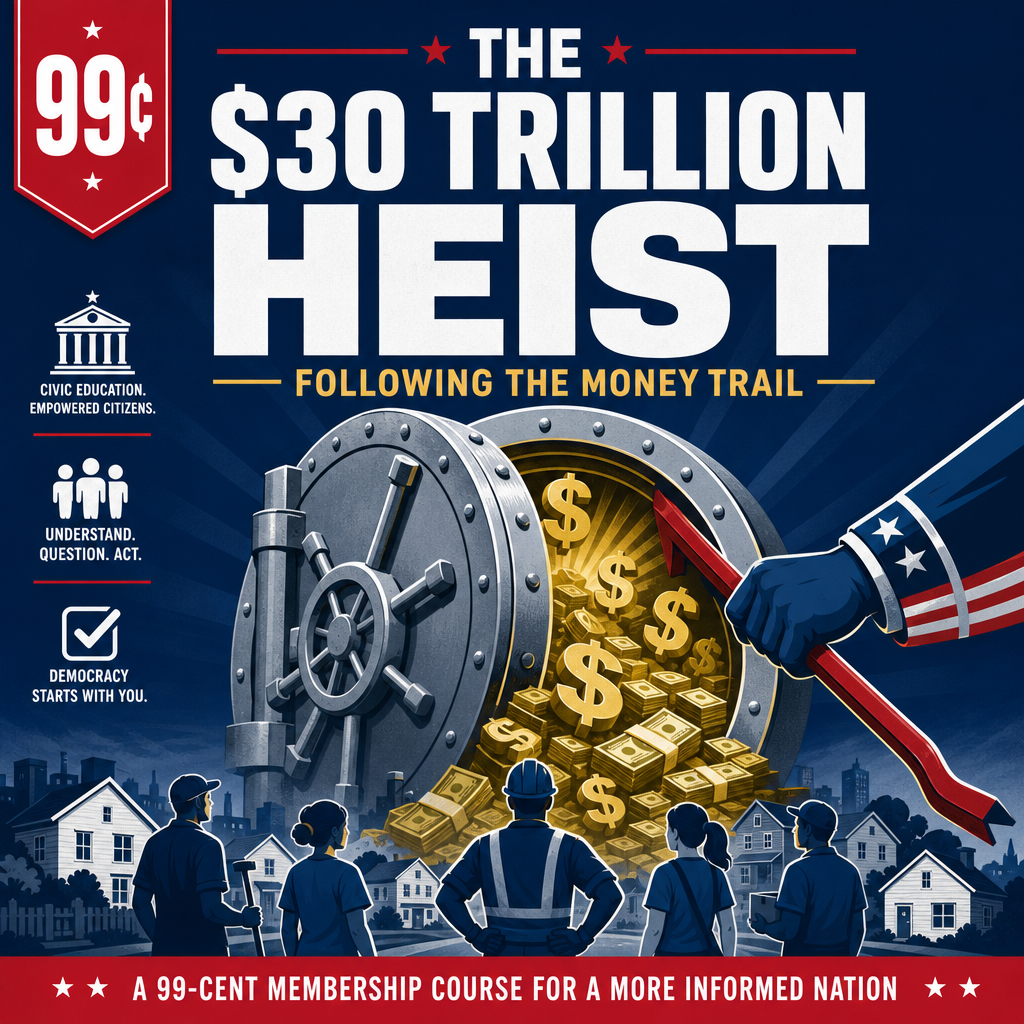 Poster titled 'The $30 Trillion Heist' showing a vault spilling cash as a hand pries it open, with onlookers in the foreground.