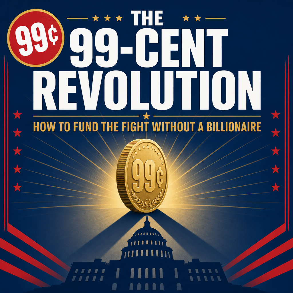 Poster for 'The 99-Cent Revolution' advocating funding the fight without a billionaire; features a gold 99¢ coin above the Capitol building.