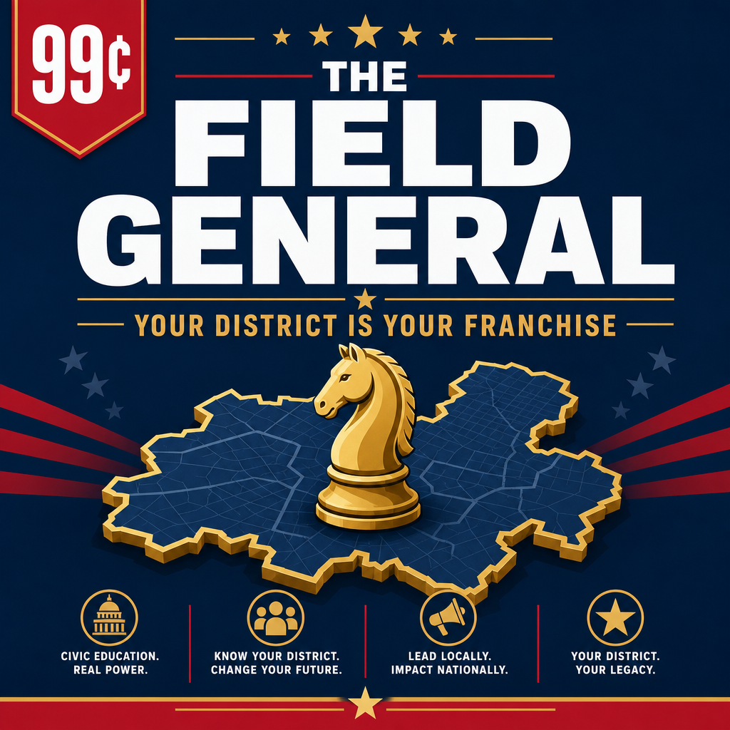 Campaign poster reading 'THE FIELD GENERAL' with a gold knight chess piece on a blue district map; features a red 99¢ badge and the slogan 'Your district is your franchise' at the top.