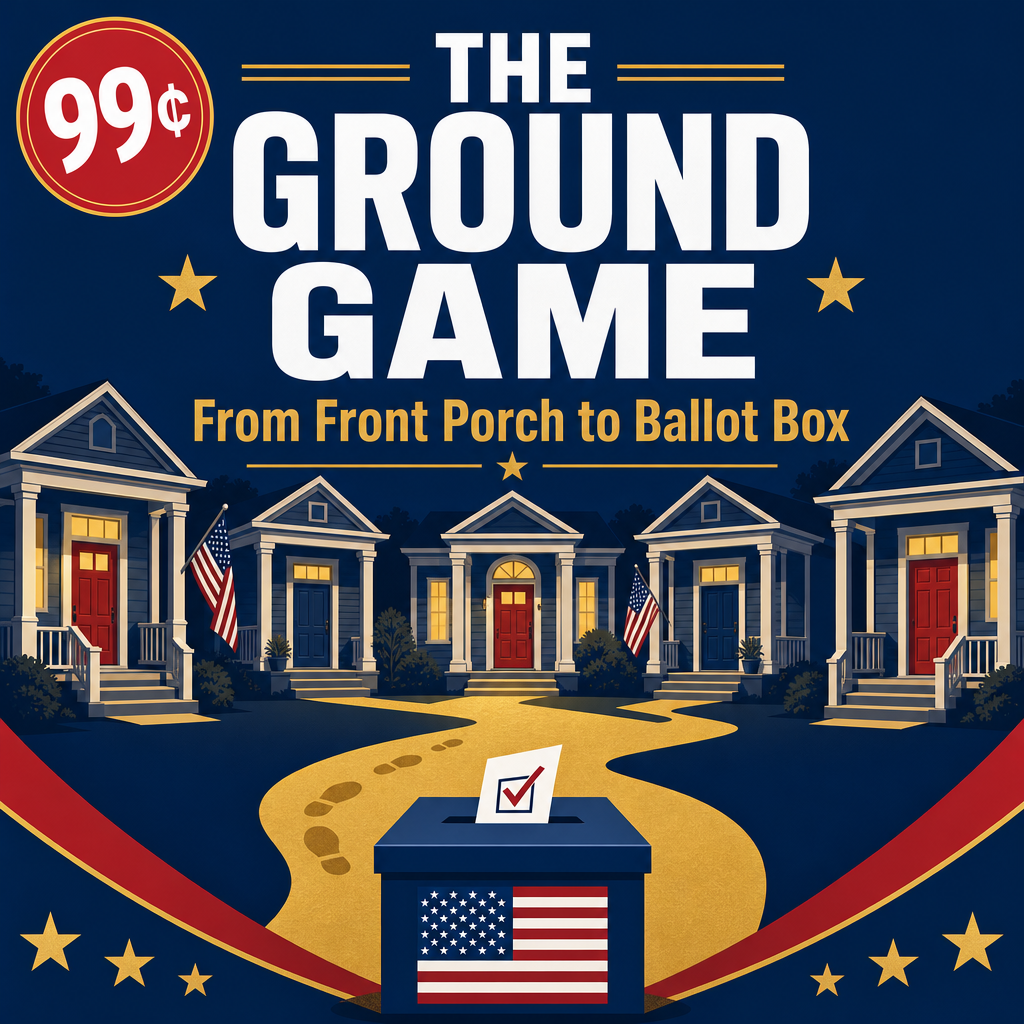 Poster for 'The Ground Game: From Front Porch to Ballot Box' showing suburban houses, a yellow path to a ballot box with a checked ballot and American flags.