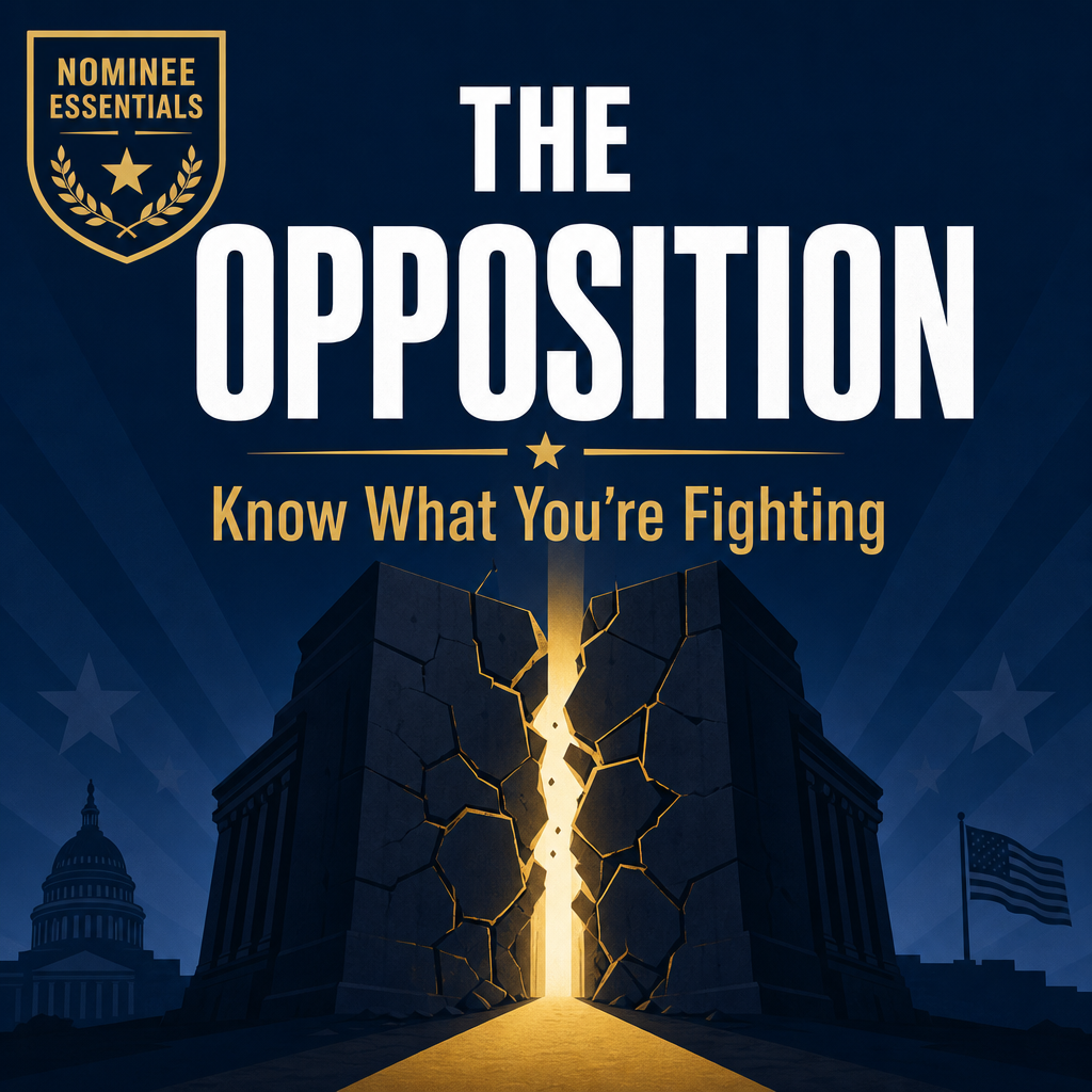 Book cover for 'The Opposition: Know What You’re Fighting' showing a cracked wall splitting to a glowing gap, with the Capitol and American flag in the background.