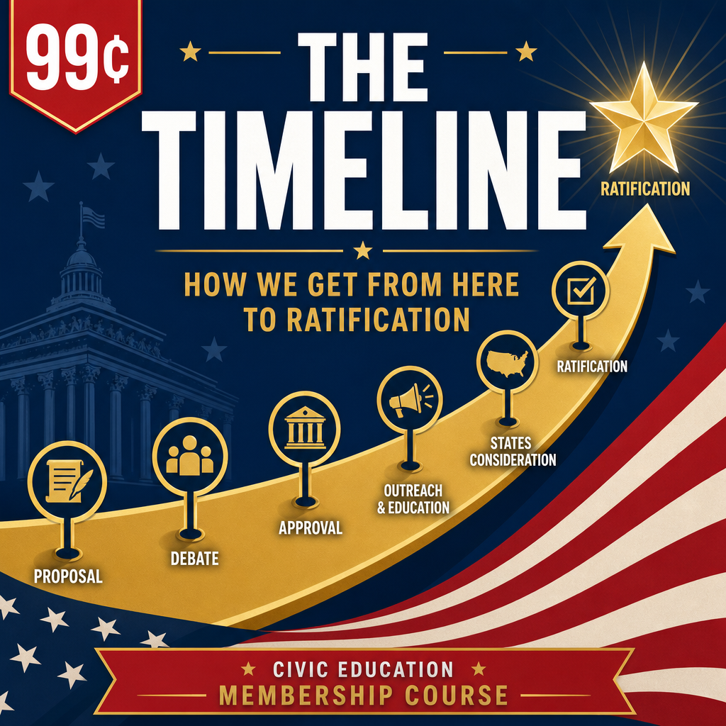 Poster titled 'The Timeline' showing the steps from proposal to ratification for a Civic Education course; includes icons for proposal, debate, approval, outreach & education, states consideration, and ratification on a rising gold arc against a patriotic blue background.