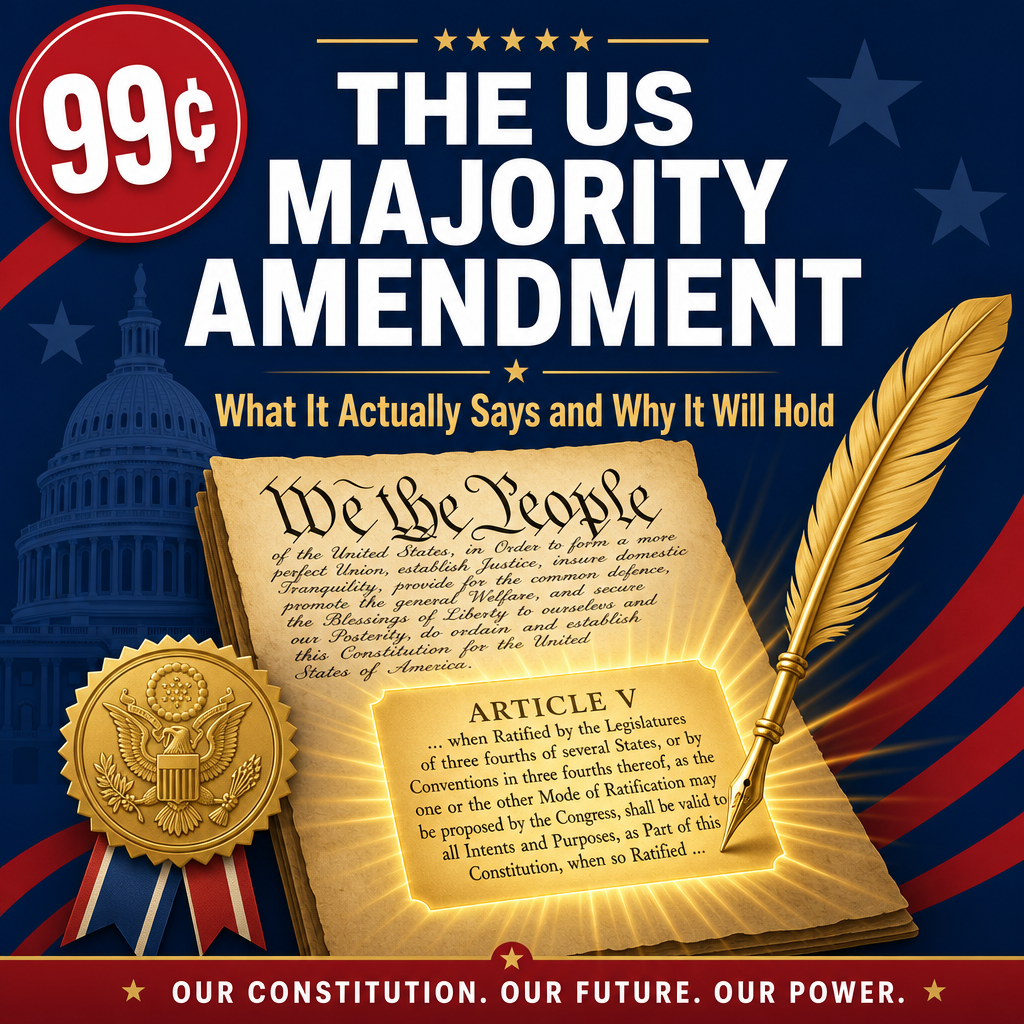Poster promoting 'The US Majority Amendment' with parchment, quill, and gold seal on a patriotic blue background.