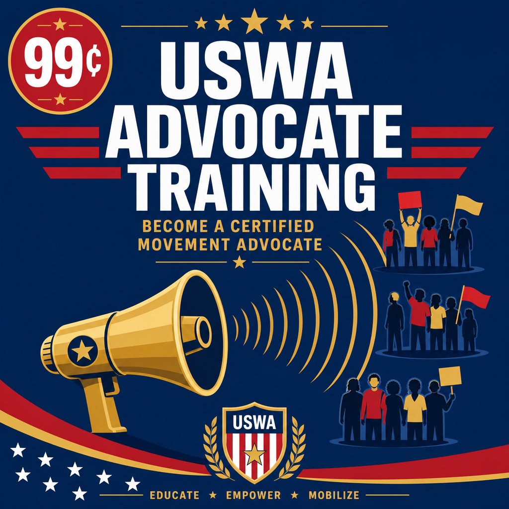 Promotional poster for USWA Advocate Training featuring a gold megaphone, protest silhouettes on the right, and a crest; large white text reads ‘USWA Advocate Training’ with smaller gold subtitle lines.