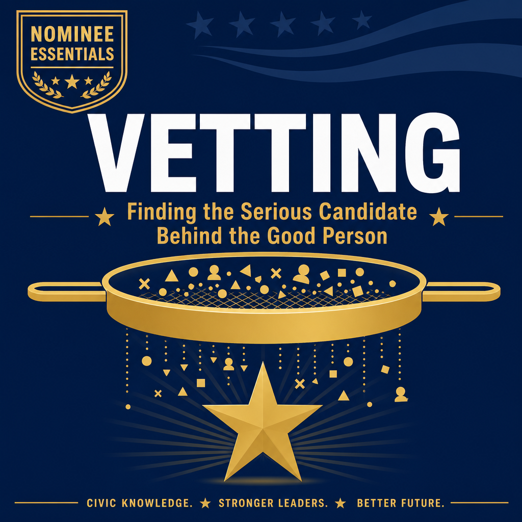 Book cover for 'Vetting: Finding the Serious Candidate Behind the Good Person' featuring a gold sieve and star motif on a blue background, with Nominee Essentials branding.