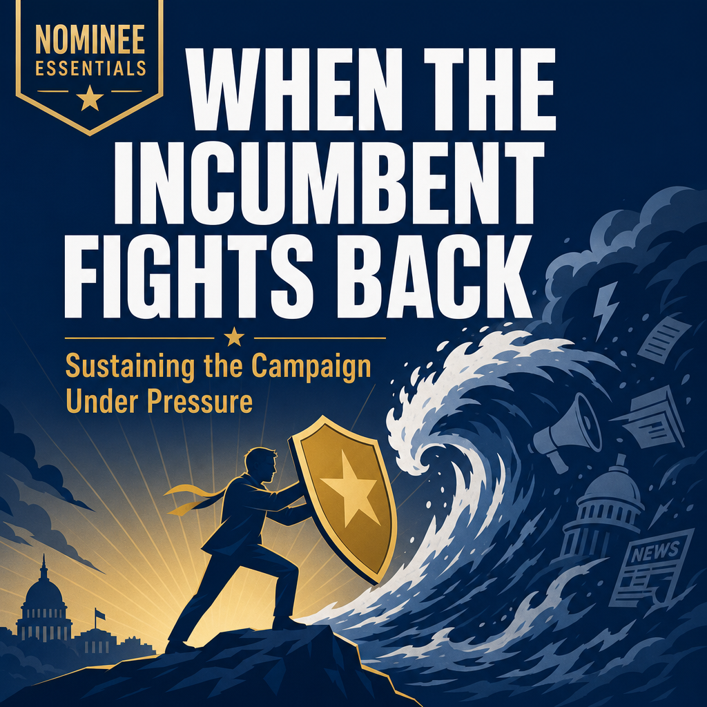 Poster for a political book/show: 'When the Incumbent Fights Back' with shield-wielding figure against a giant wave and storm of media, Capitol dome in background.