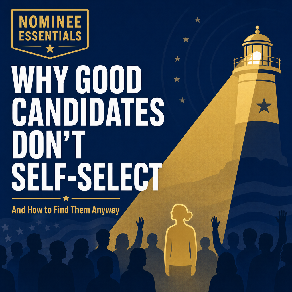 Book cover: title 'Why Good Candidates Don’t Self-Select' with lighthouse spotlight and crowd silhouette, gold and blue theme.