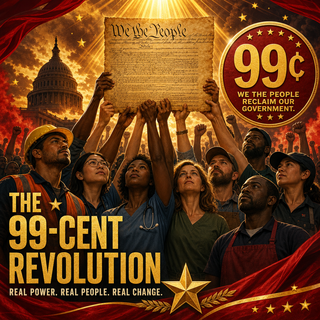 Poster showing diverse workers raising a parchment Constitution; Capitol dome in the background, and a large 99¢ badge reading 'We the People reclaim our government,' with the title 'The 99-Cent Revolution' and the slogan 'Real power. Real people. Real change.'