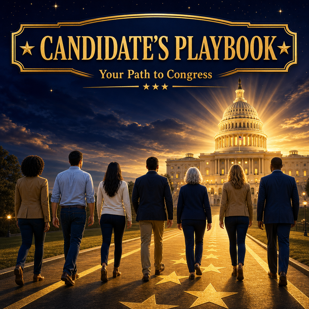 Diverse group walking toward the U.S. Capitol at sunset along a star-marked path, with the title 'Candidate's Playbook' above.