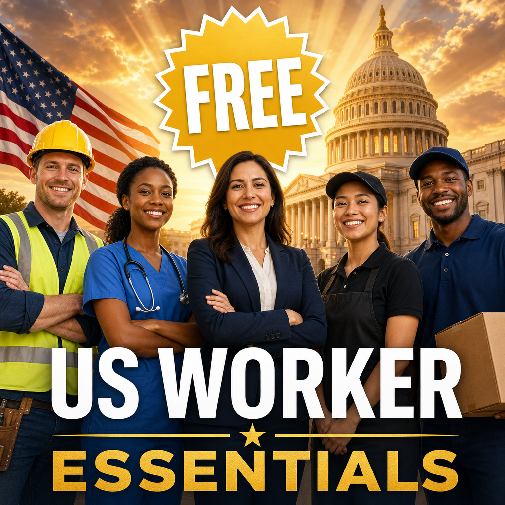 Group of diverse workers standing together in front of the Capitol with a large yellow "FREE" badge, conveying support for U.S. workers and essentials program.