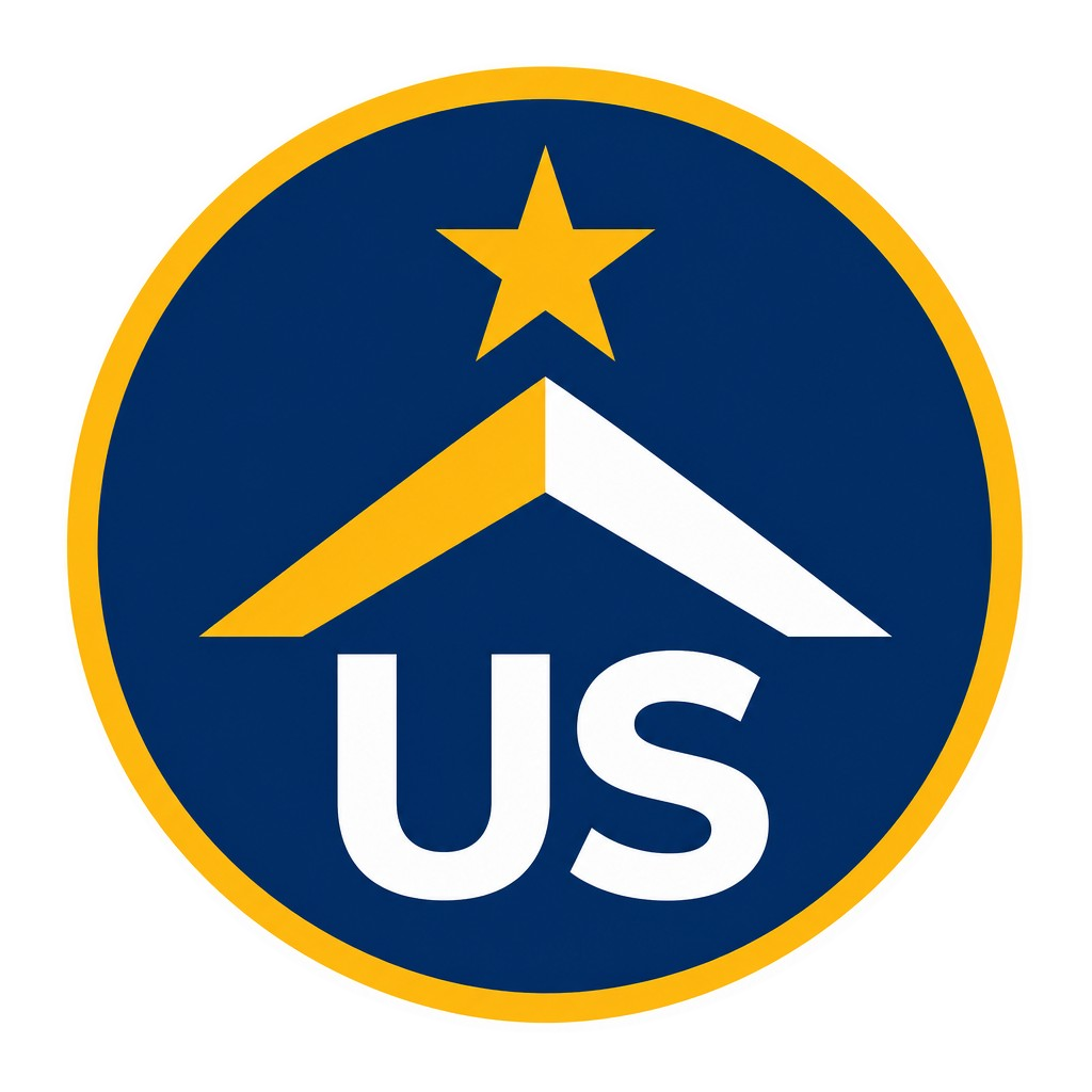 Round blue badge with a yellow border, featuring a yellow chevron, a yellow star above it, and the white letters 'US' below.