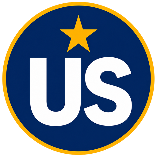Blue circular badge with a yellow border, featuring a yellow star above large white 'US' letters.